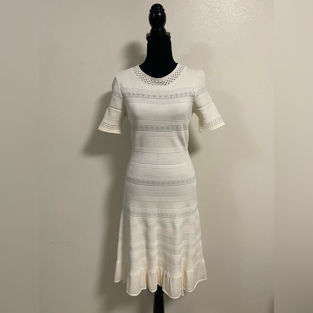 Eliza J Dress Women’s Size Medium Cream Pointelle Ruffle hem Dress fit & flare